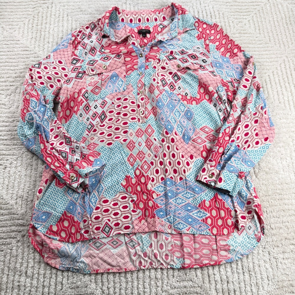 Talbots Tunic Women LP Pink Blue Geometric Patchwork Boho Eclectic Work Artsy
